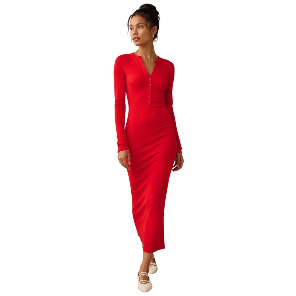 Daily Practice Anthropologie Red Henley Midi Dress Ribbed Stretch Bodycon XS/P